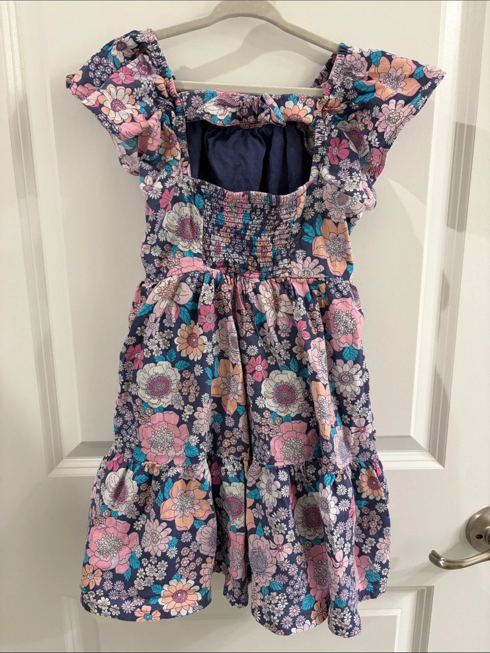 Girls Navy Floral Flutter Sleeve Dress - Pink & Teal Flowers